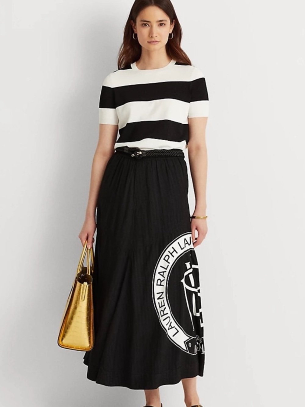 Ralph Lauren Ripstock Logo Print Skirt Size 20 W/+ Flowy Pull On Cotton Preppy